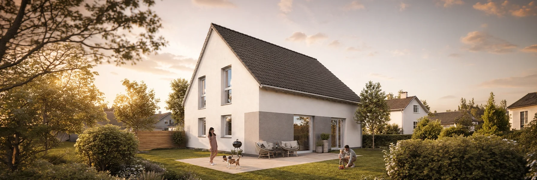 Die klare Kubatur mit klassischem Satteldach und großzügigen Fensterflächen verbindet zeitlose Architektur mit modernem Wohnkomfort.