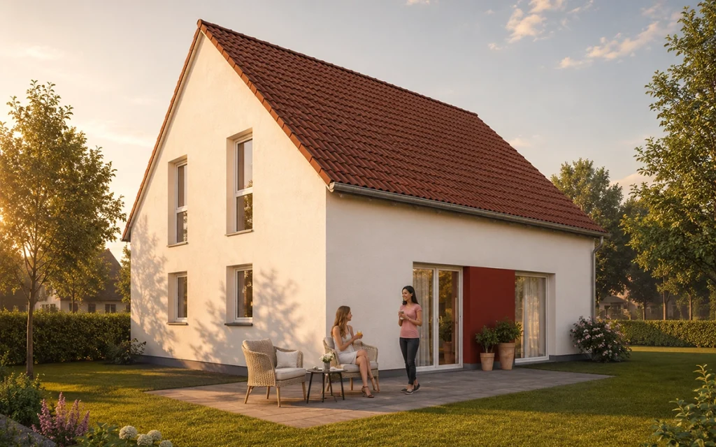 Kompaktes Satteldachhaus mit großzügigen Fensterflächen und geschützter Terrassenfläche.