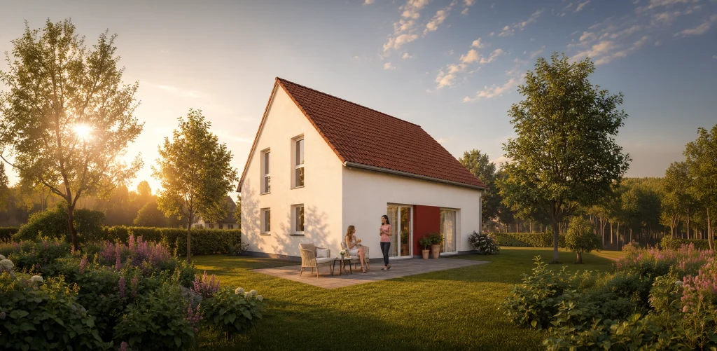 Einfamilienhaus mit Satteldach, klarer Fassadengestaltung und direktem Bezug zum Garten.