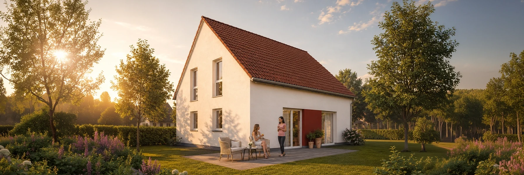 Einfamilienhaus mit Satteldach, klarer Fassadengestaltung und direktem Bezug zum Garten.