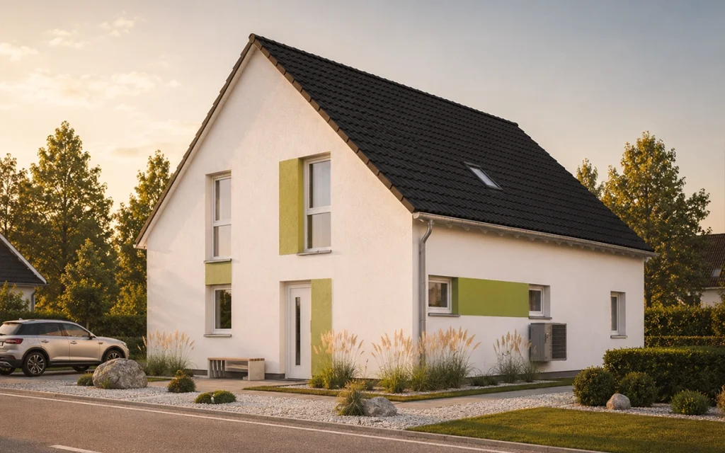 Klare Linien, dezente Fassadenakzente und die harmonische Dachform schaffen ein ausgewogenes architektonisches Gesamtbild.