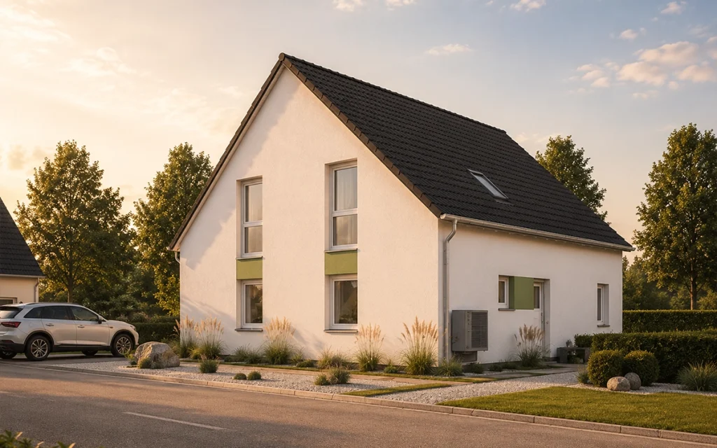 Die reduzierte Formensprache wird durch gezielt platzierte Fenster und farbliche Gestaltungselemente architektonisch aufgewertet.