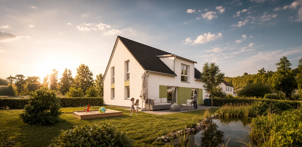 Die gelungene Kombination aus klassischem Satteldach, integriertem Zwerchgiebel und großzügigen Fensterflächen verleiht dem Haus eine moderne und zugleich zeitlose Architektur.