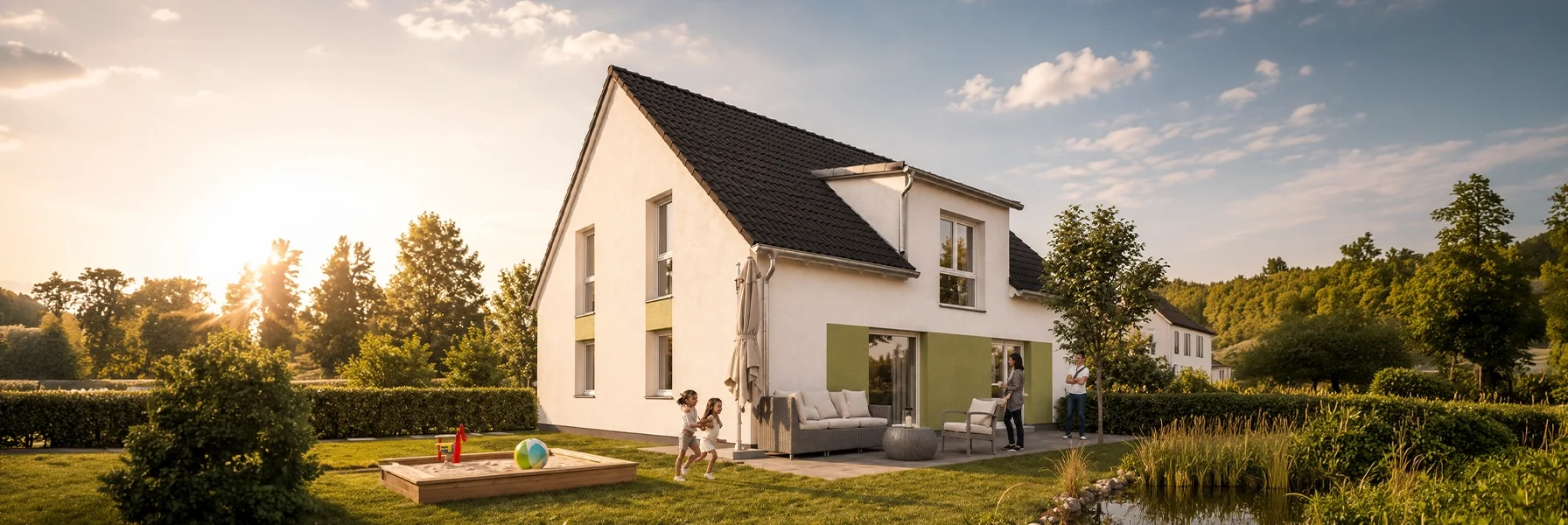 Die gelungene Kombination aus klassischem Satteldach, integriertem Zwerchgiebel und großzügigen Fensterflächen verleiht dem Haus eine moderne und zugleich zeitlose Architektur.