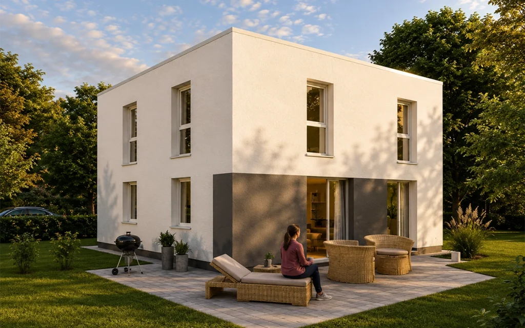 Modernes Einfamilienhaus mit großzügiger Terrasse in naturnaher Umgebung.