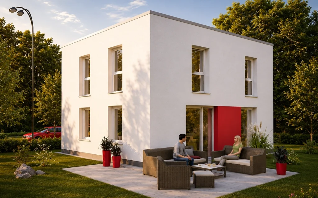 Gemütliche Terrasse eines modernen Einfamilienhauses mit Sitzgruppe und Gartenblick.