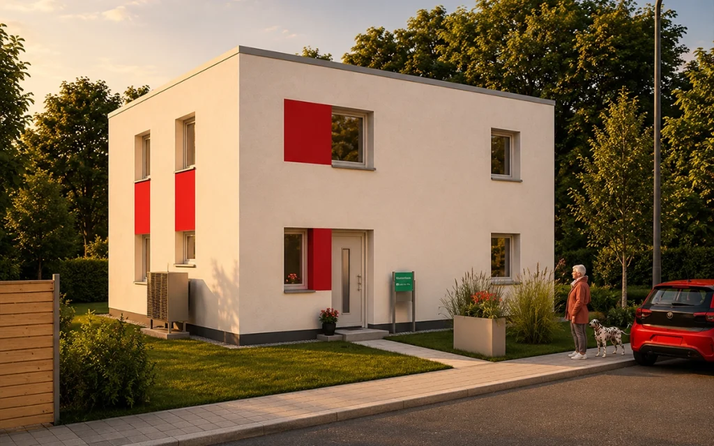 Frontansicht eines modernen Flachdachhauses mit klarer Architektur und gepflegtem Vorgarten.