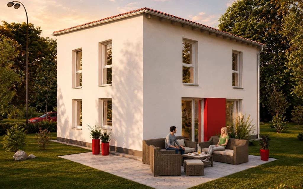 Modernes Einfamilienhaus mit einladender Terrasse im Grünen.