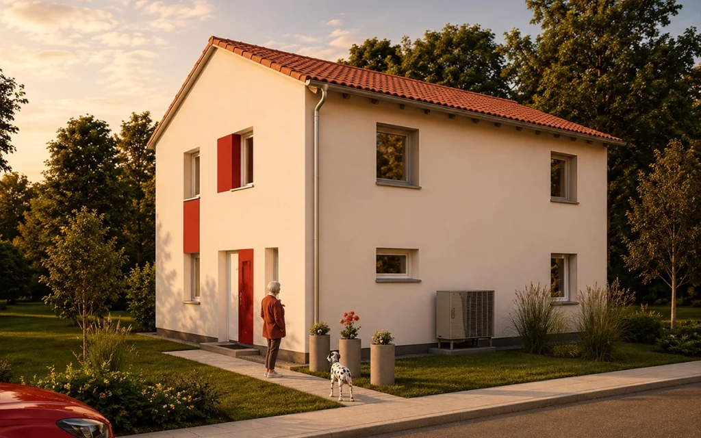 Straßenansicht eines modernen Satteldachhauses mit roten Fassadenakzenten.