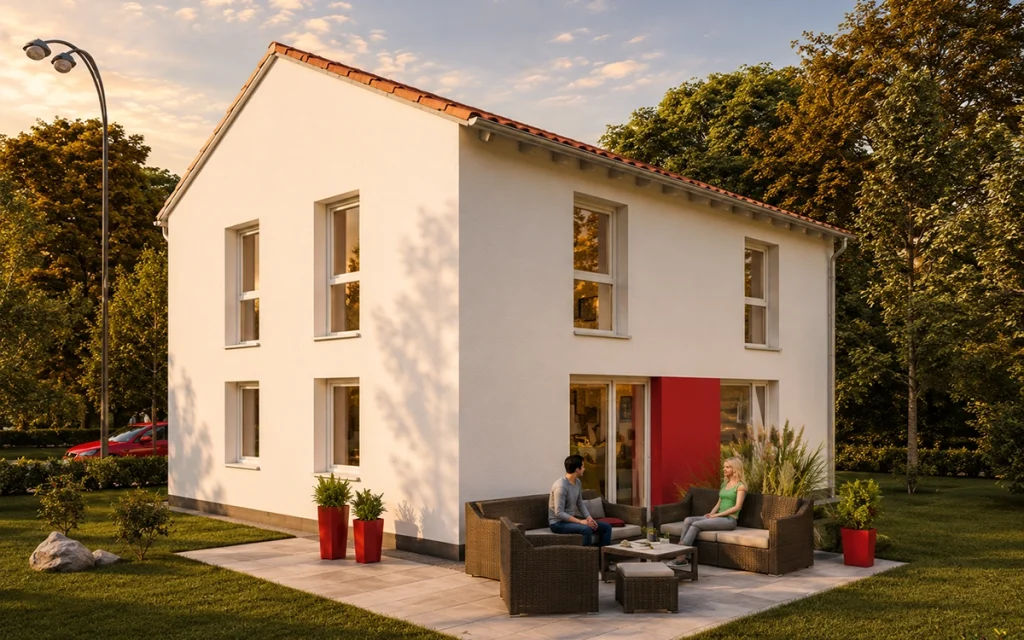 Modernes Einfamilienhaus mit Satteldach und einladender Terrasse im Grünen.