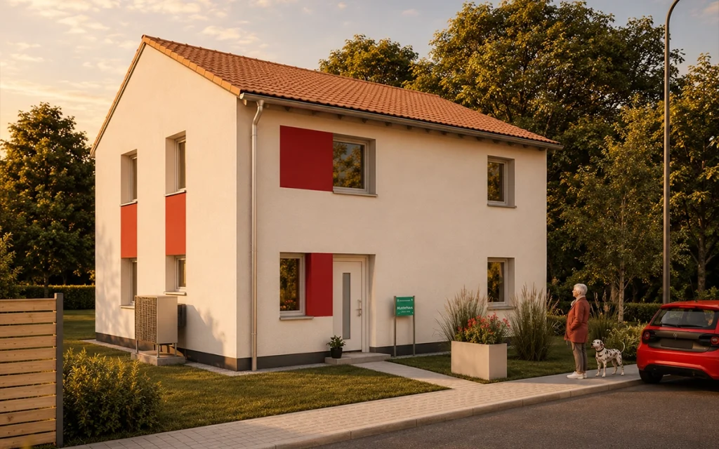 Seitliche Ansicht eines Einfamilienhauses mit Satteldach, Eingangsbereich und Vorgarten.