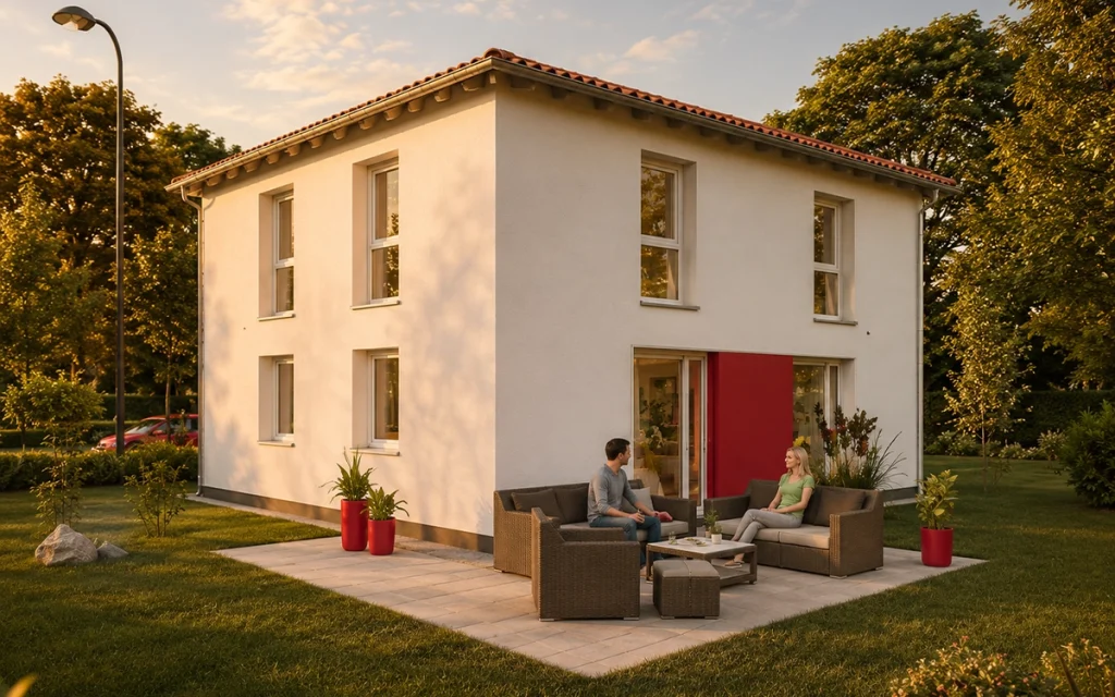Modernes Einfamilienhaus mit Walmdach und großzügiger Terrasse in sonniger Gartenlage.