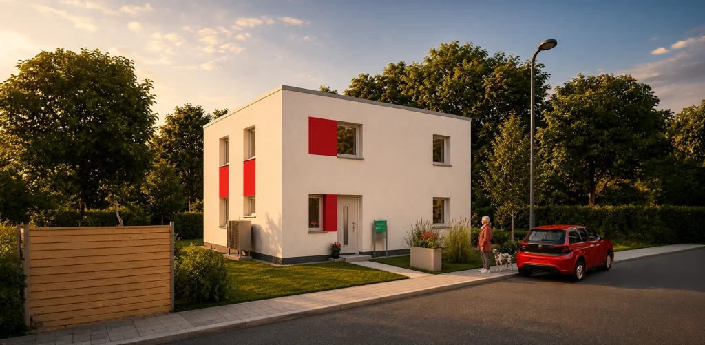 Modernes Einfamilienhaus mit Flachdach und roten Fassadenakzenten in ruhiger Wohnlage.
