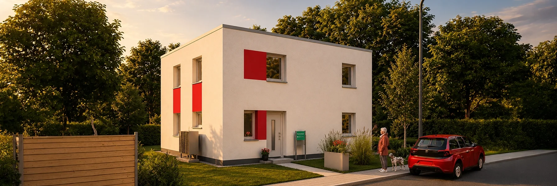 Modernes Einfamilienhaus mit Flachdach und roten Fassadenakzenten in ruhiger Wohnlage.