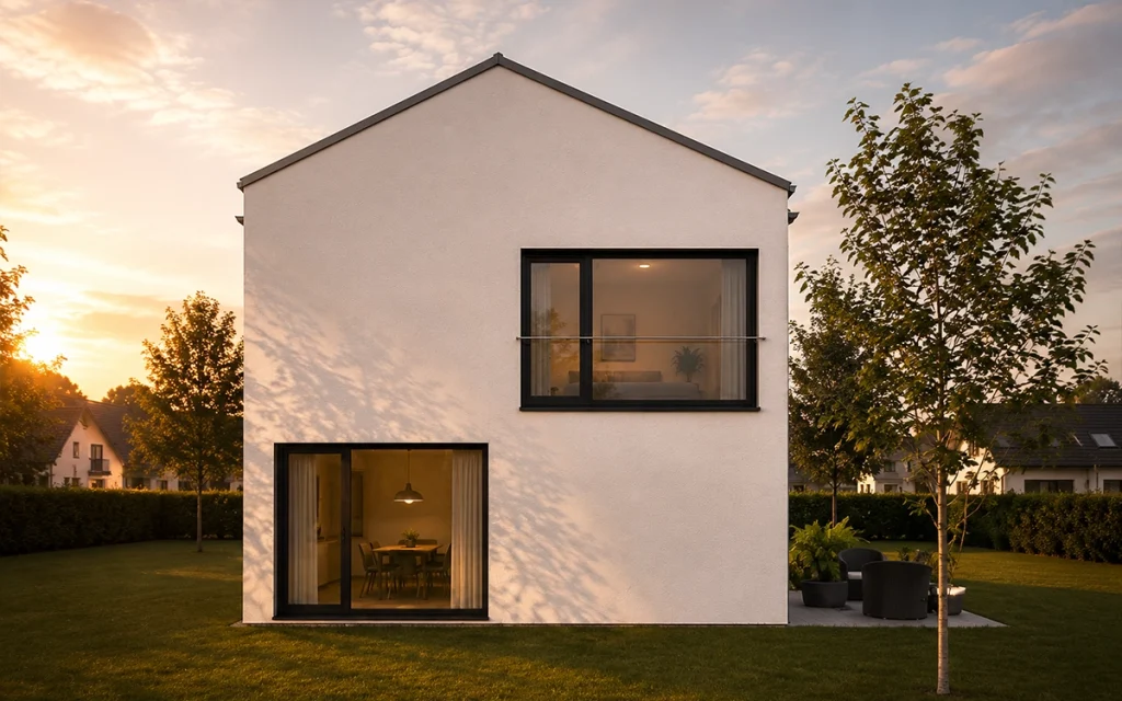 Seitenansicht des modernen Single-Hauses mit Satteldach, bodentiefem Fenster und klarer Architektur.