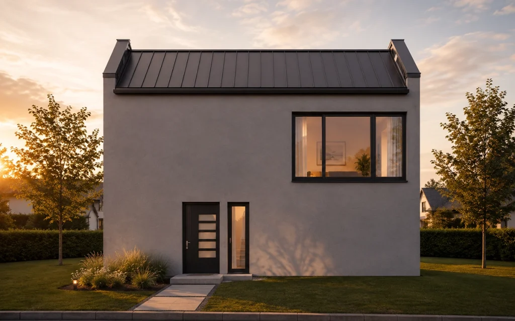 Eingangsansicht des Single-Hauses mit modernem Satteldach, schlichtem Eingangsbereich und großem Fenster.