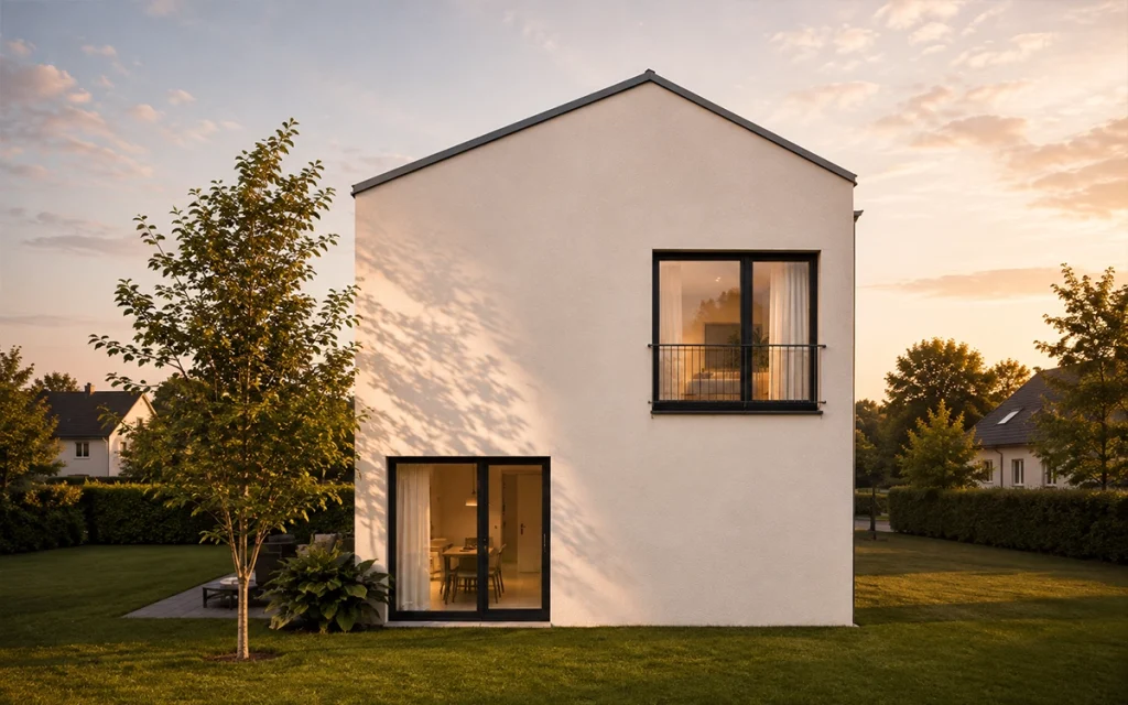 Gartenansicht des Single-Hauses mit Satteldach, bodentiefem Fenster und heller Putzfassade.