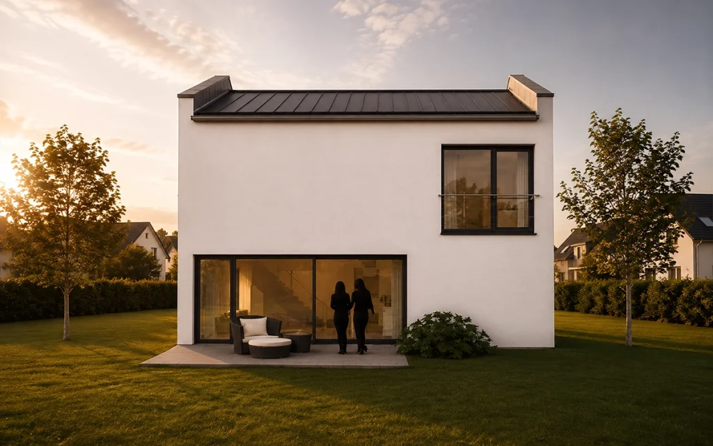 Terrassenansicht des Single-Hauses mit großzügiger Fensterfront und gemütlichem Sitzbereich.
