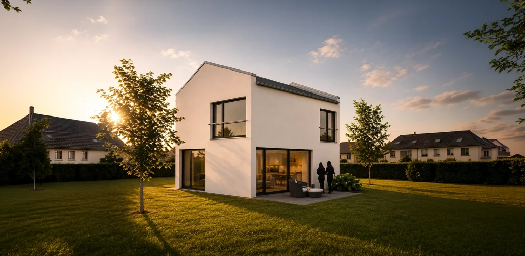 Perspektivansicht des Single-Hauses mit moderner Satteldacharchitektur, großzügigen Fensterflächen und einladender Terrasse im Abendlicht.
