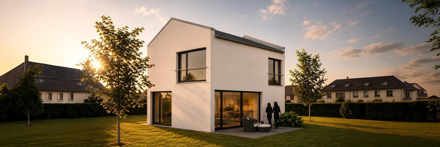 Perspektivansicht des Single-Hauses mit moderner Satteldacharchitektur, großzügigen Fensterflächen und einladender Terrasse im Abendlicht.