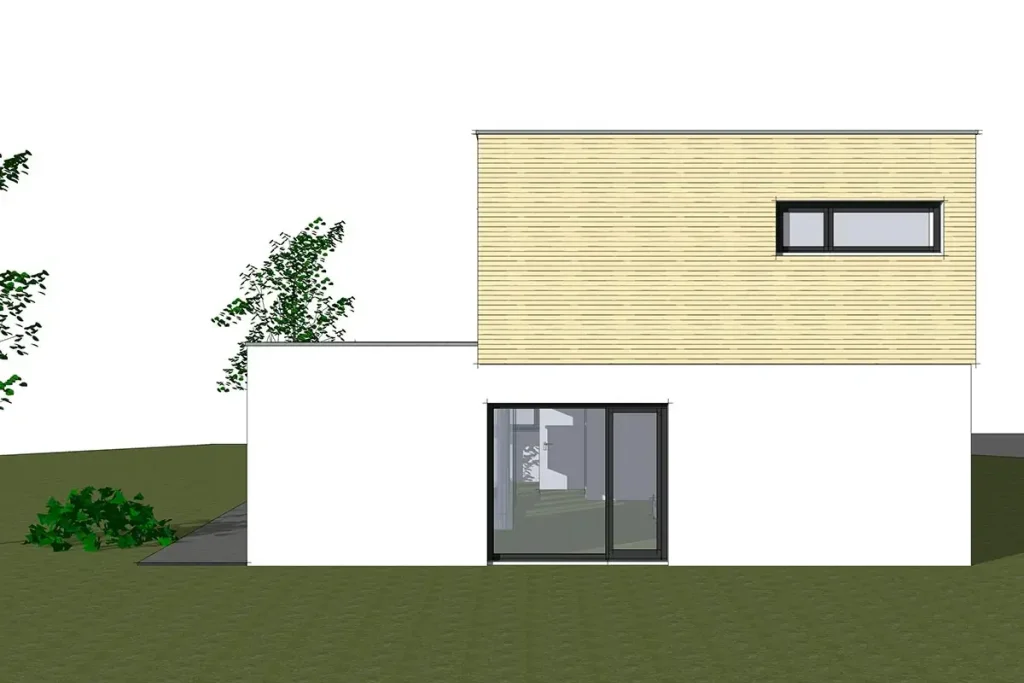 Render eines modernen Hauses mit zwei Stockwerken.