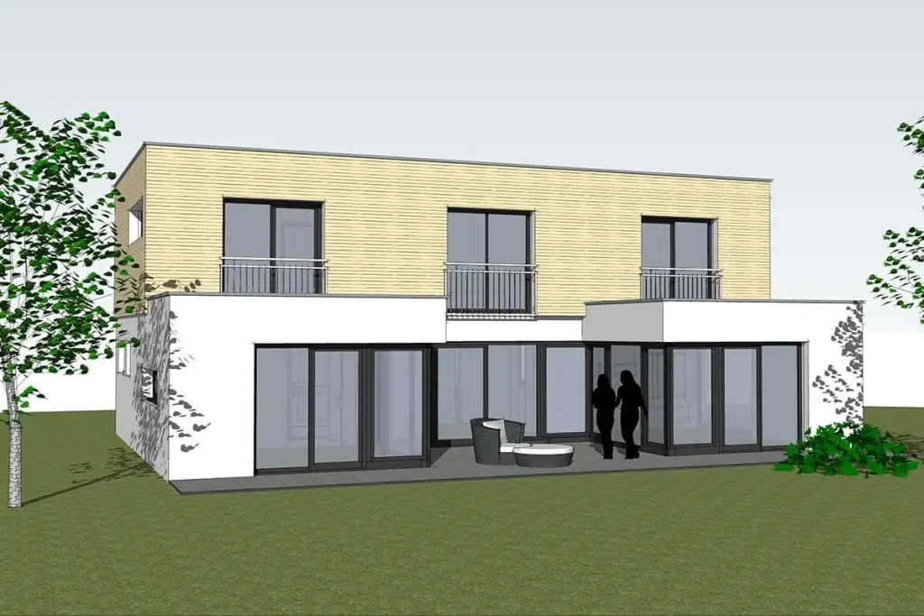 Moderner zweistöckiger Gebäudekomplex mit Glasfronten.