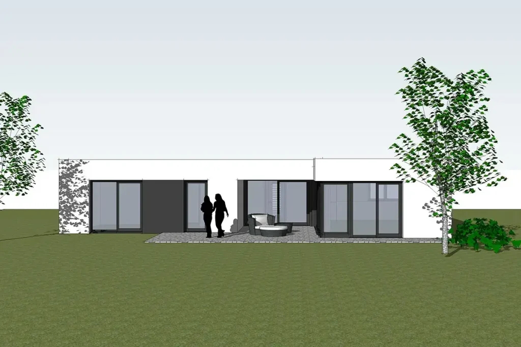 Moderne Hausfassade mit Terrasse und Bäumen.