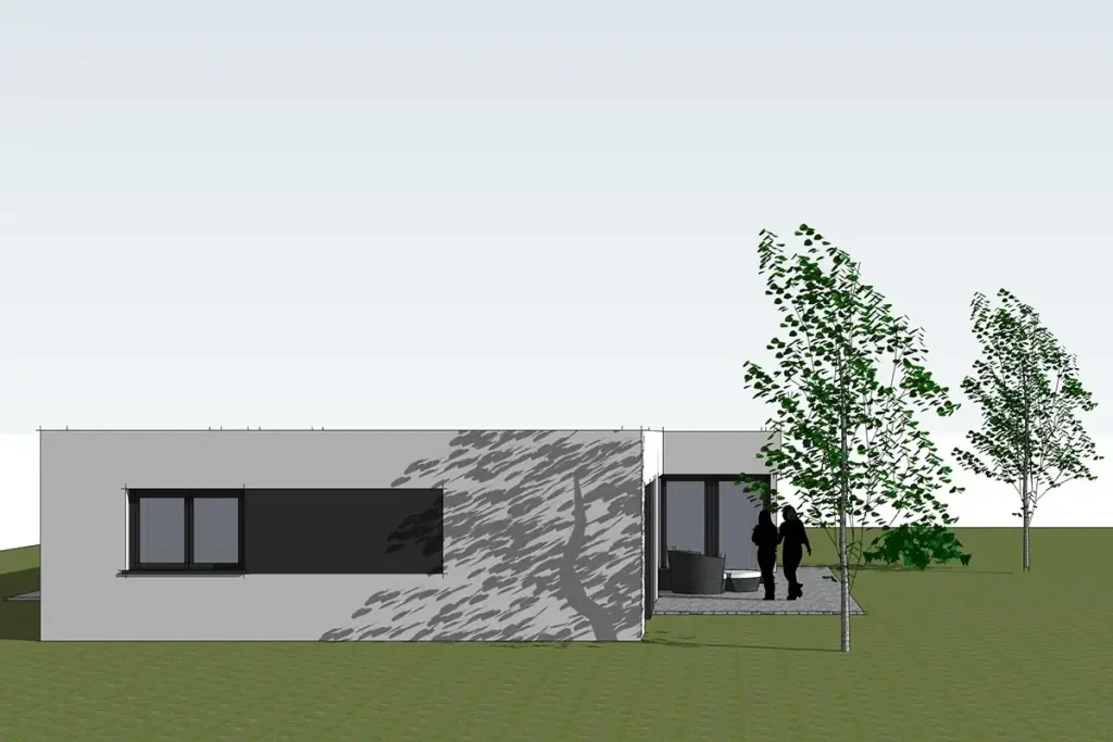 Render eines modernen Hauses mit Personen vor der Tür.