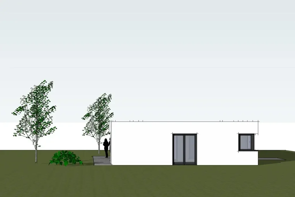 Modernes Haus mit Bäumen im Garten.