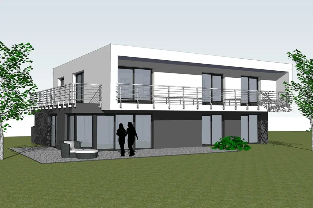 Moderne zweistöckige Hausillustration mit Terrasse und Personen.