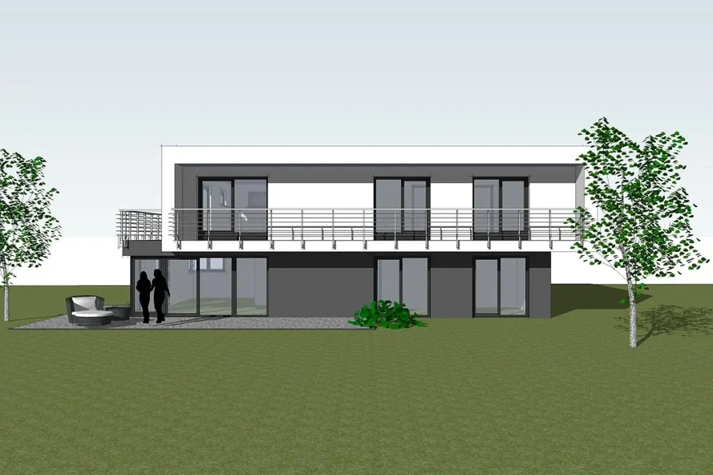 Moderner zweistöckiger Gebäudentwurf mit Personen im Garten.