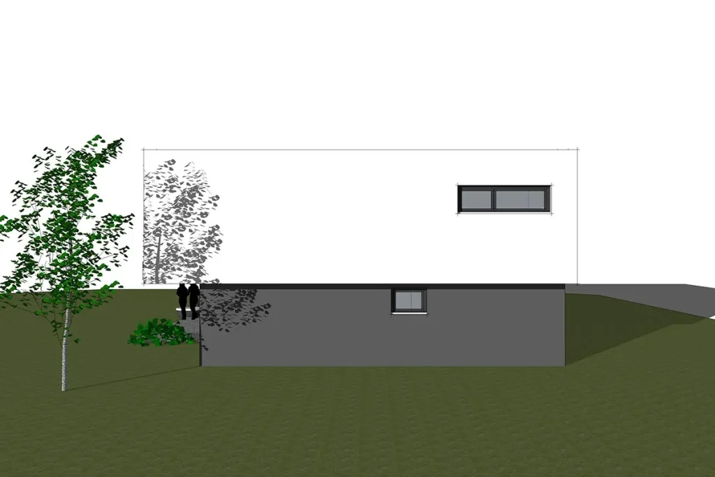 Moderne Architektur mit Personen und Bäumen.