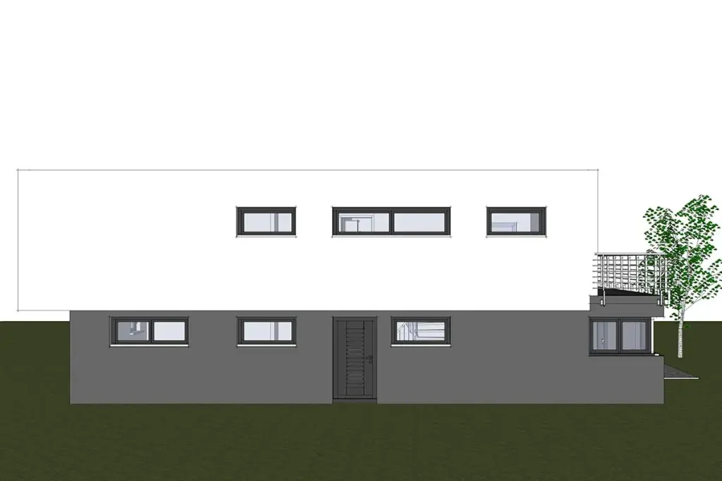 Zeichnung eines modernen Hauses mit grauer Fassade.