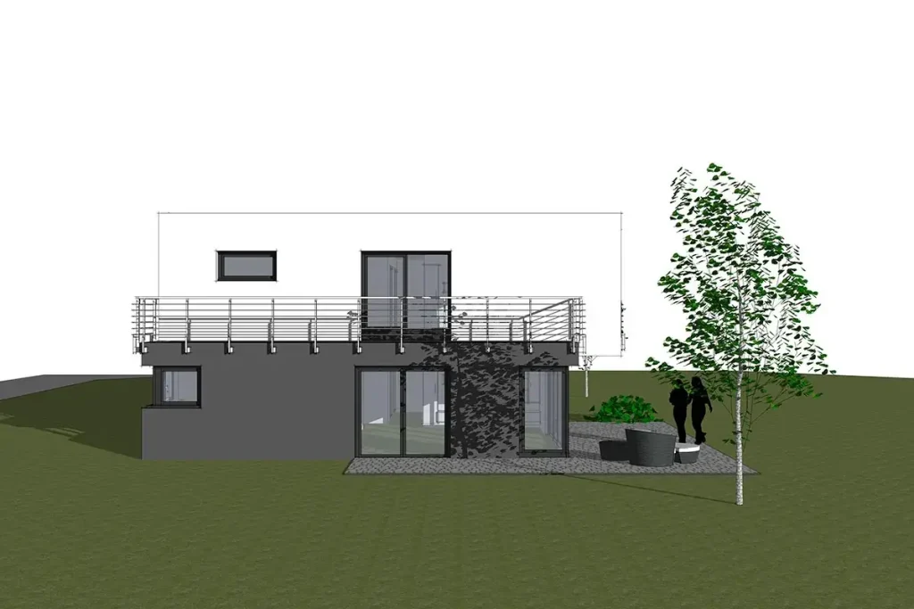 Zeichnung eines modernen Hauses mit Terrasse.