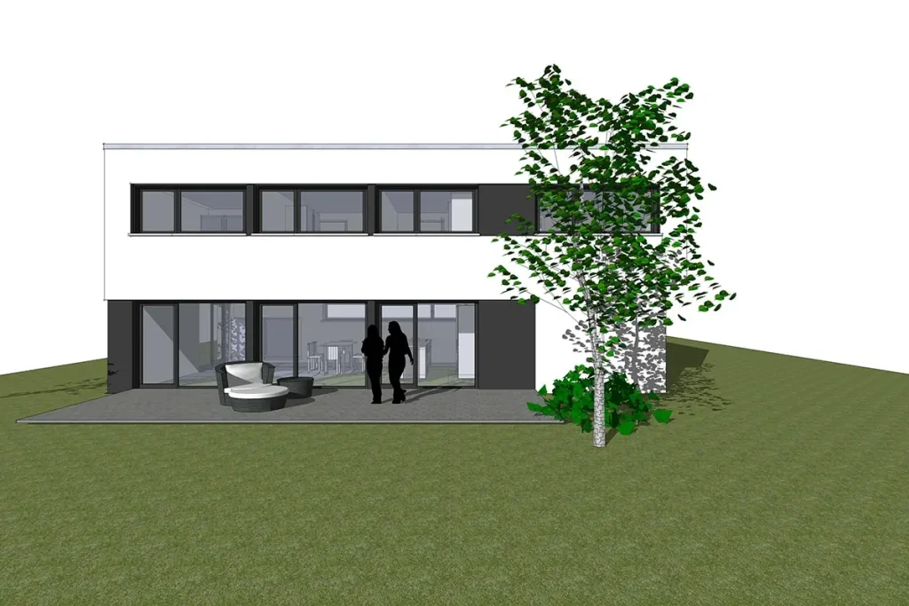 Moderne Hausarchitektur mit Personen im Garten.