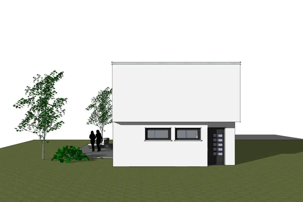 Weiße Gebäudezeichnung mit Personen und Bäumen.