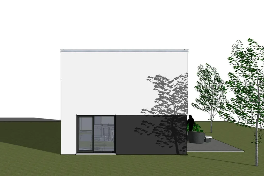 Illustration eines modernen Gebäudes mit Garten.