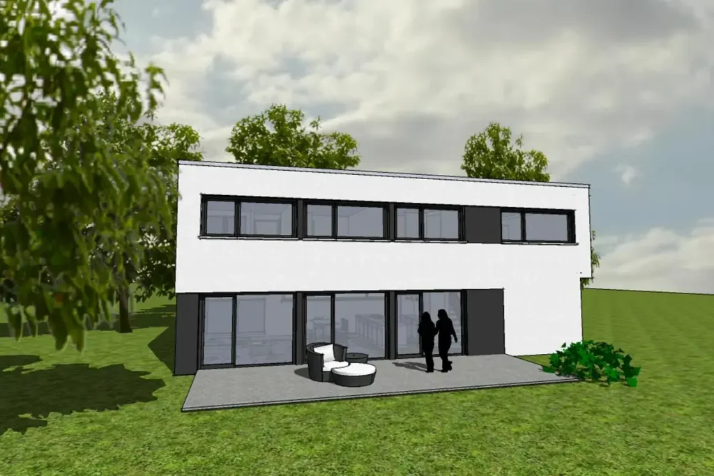 Moderne zweistöckige Architektur mit Personen im Garten.