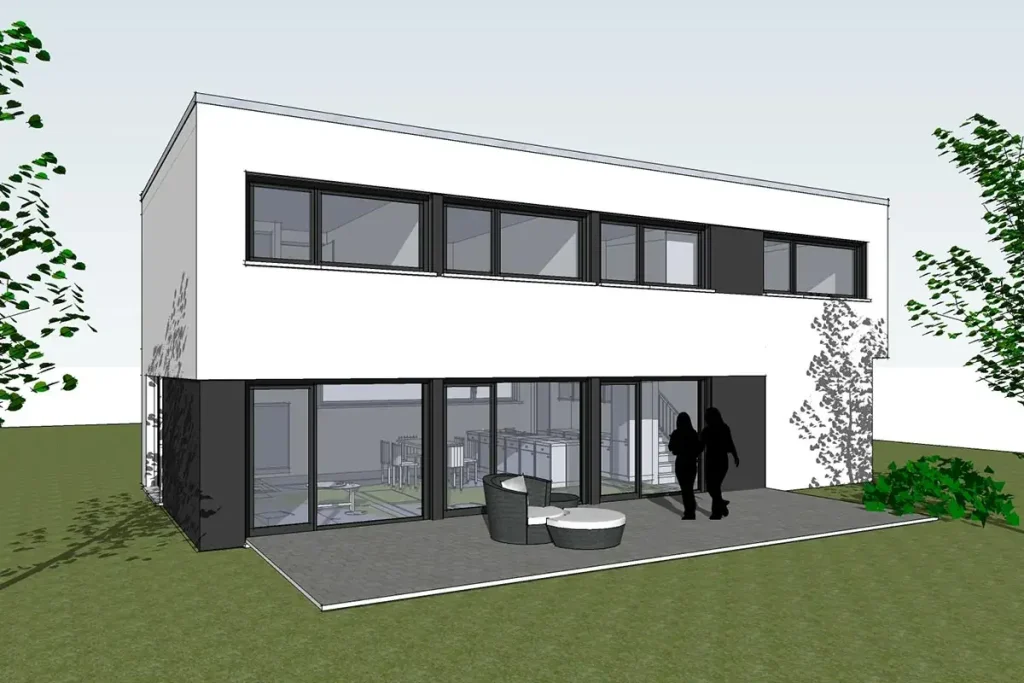 Modernes zweistöckiges Haus mit Terrasse und Personen.