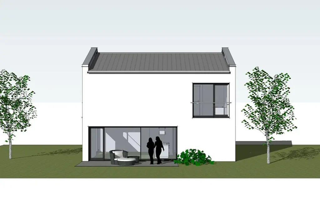 Zweistöckiges modernes Haus mit zwei Personen und Umgebung.