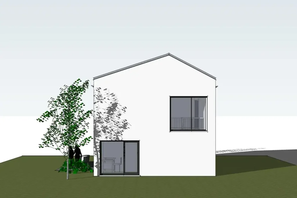 Illustration eines modernen weißen Hauses mit Baum im Garten.