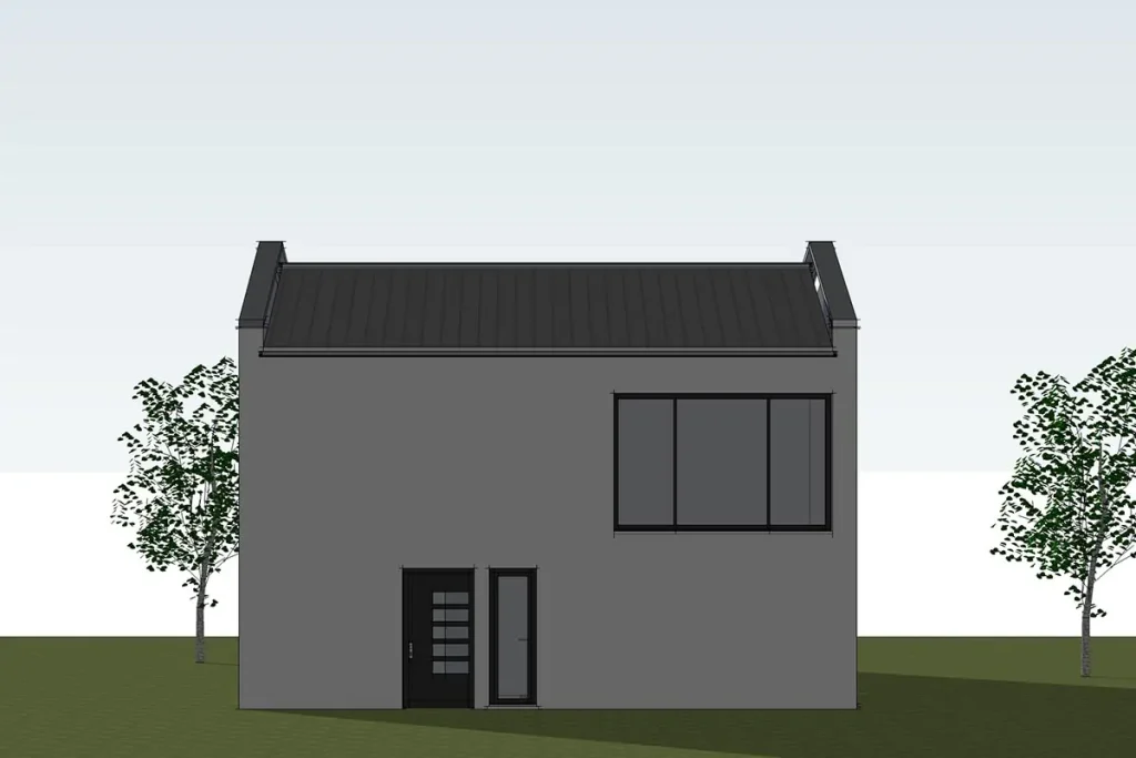 Modernes graues Haus mit großen Fenstern und Bäumen.