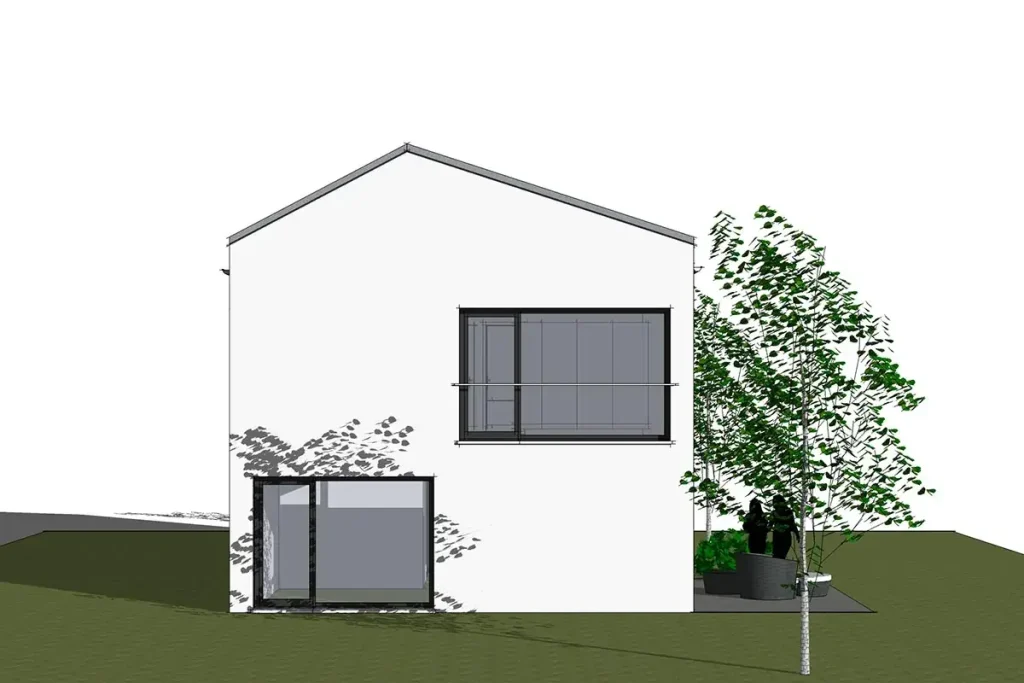 Zeichnung eines modernen Hauses mit Bäumen.