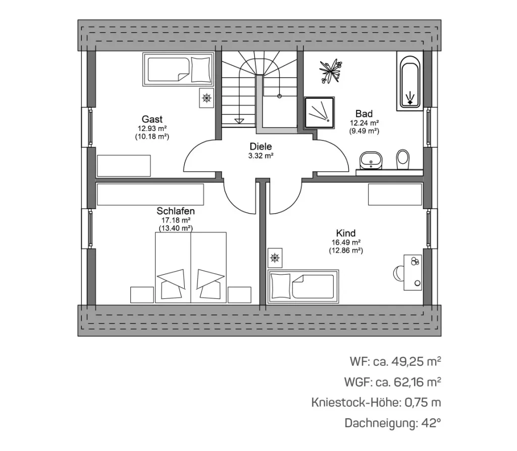 Grundriss des Obergeschosses mit Zimmeraufteilung.