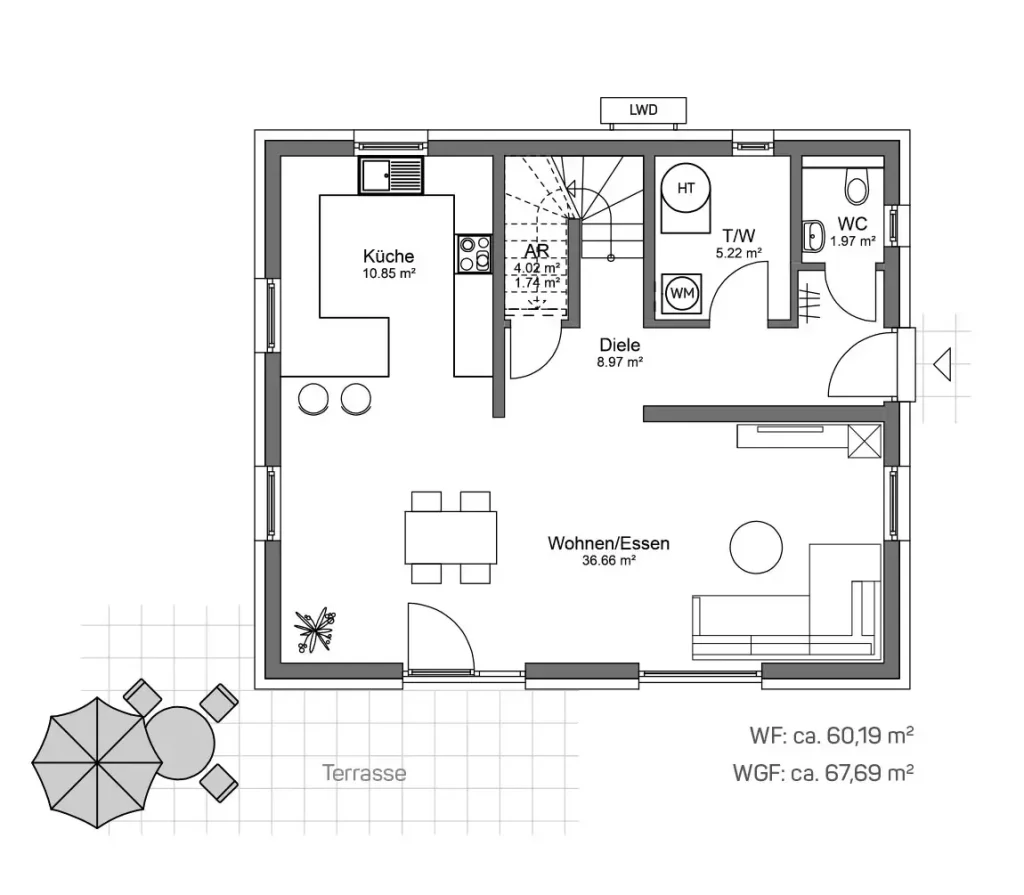 Grundriss eines Erdgeschosses mit Küche, Wohnzimmer und Terrasse.