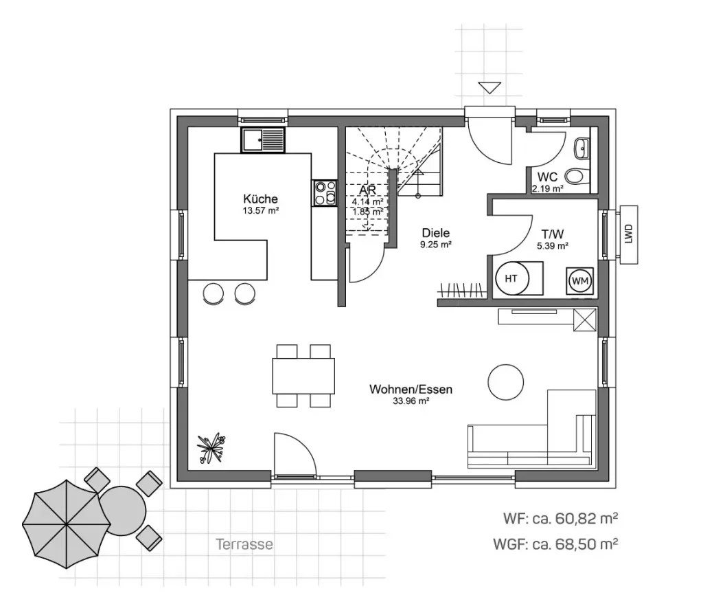 Grundriss einer Wohnung mit Terrasse.