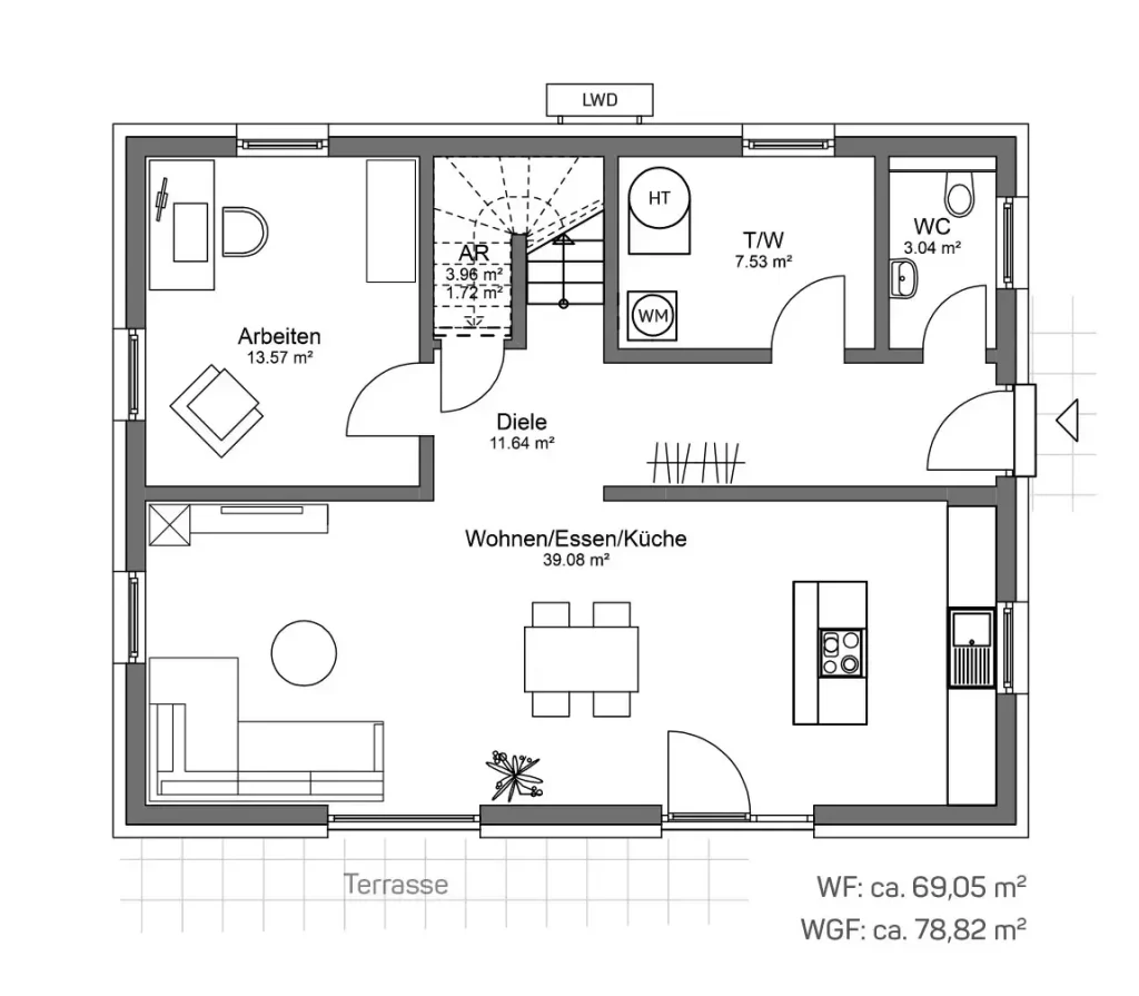 Grundriss einer Wohnung mit Arbeitszimmer und Wohnbereich.