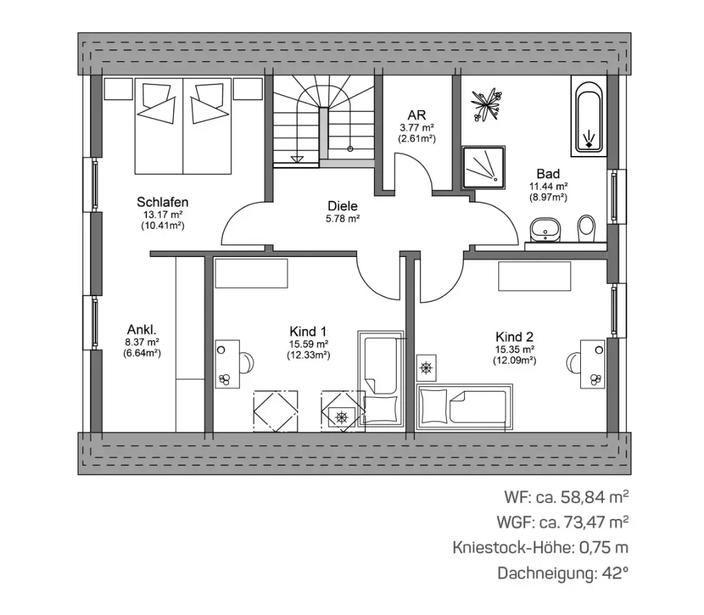 Grundriss eines Obergeschosses mit Schlafzimmern, Bad und Diele.