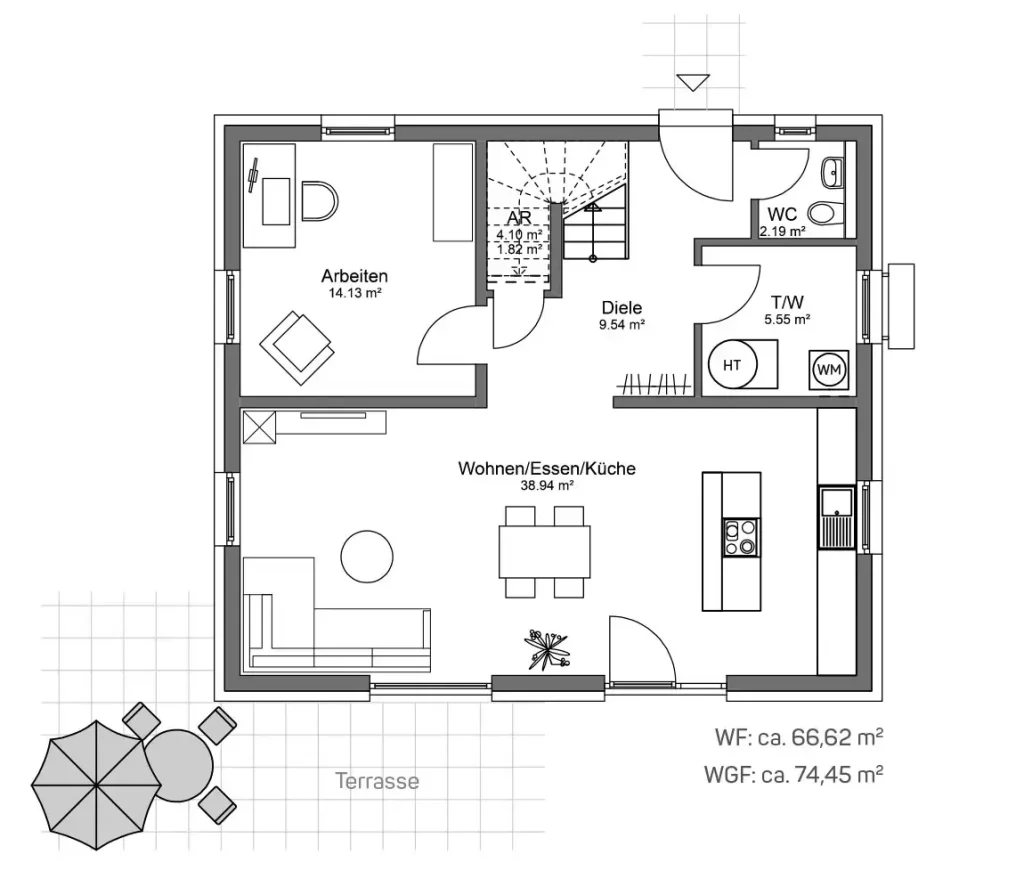 Grundriss eines Hauses mit Terrasse.
