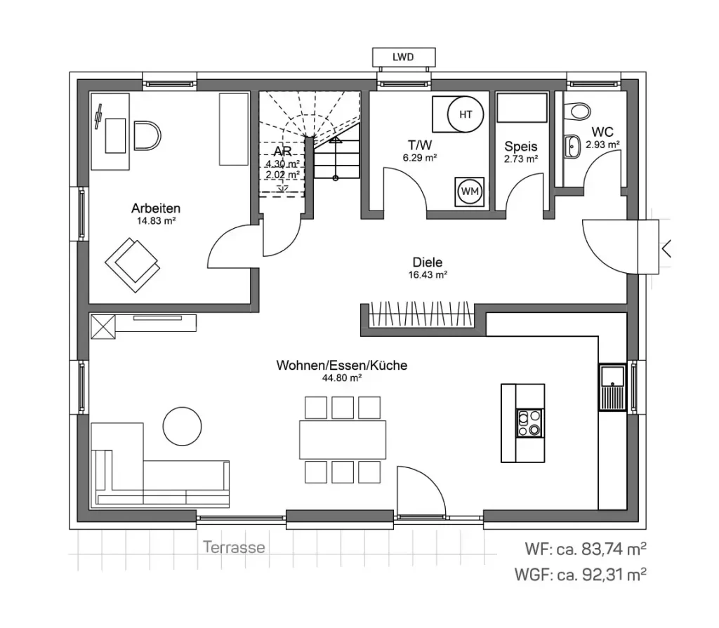 Grundriss eines Wohnbereichs mit Arbeitszimmer, Küche und WC.